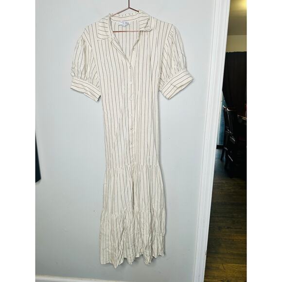 MARISSA WEBB x RTR Off White Collared Neck Tie Waist Linen Short Sleeve Dress 10 - Picture 5 of 16